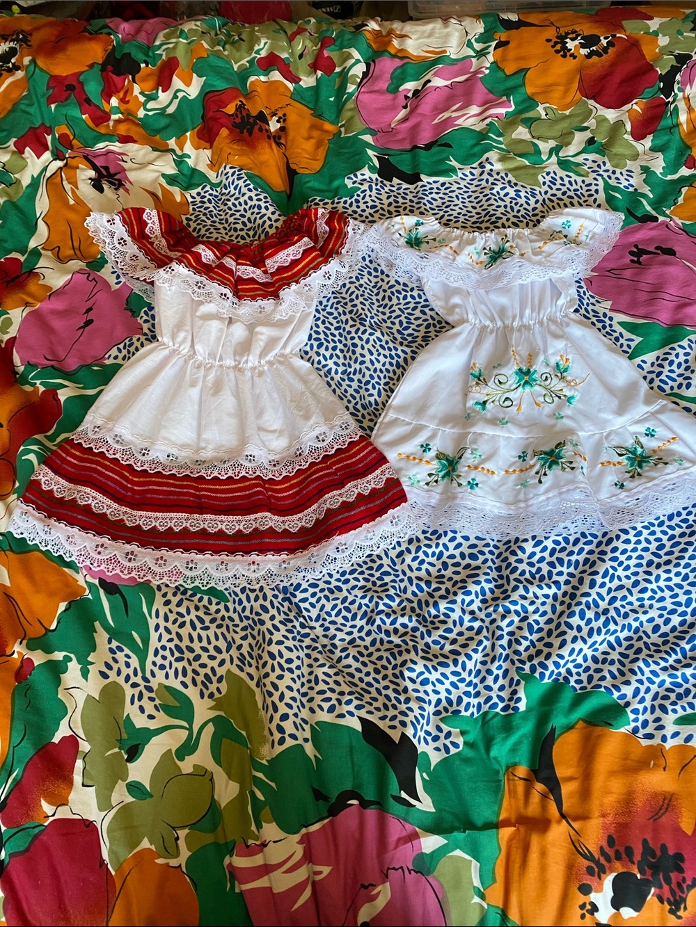 White Off-Shoulder Hand made in Mexico dresses Red Stripe & Green Embroidery